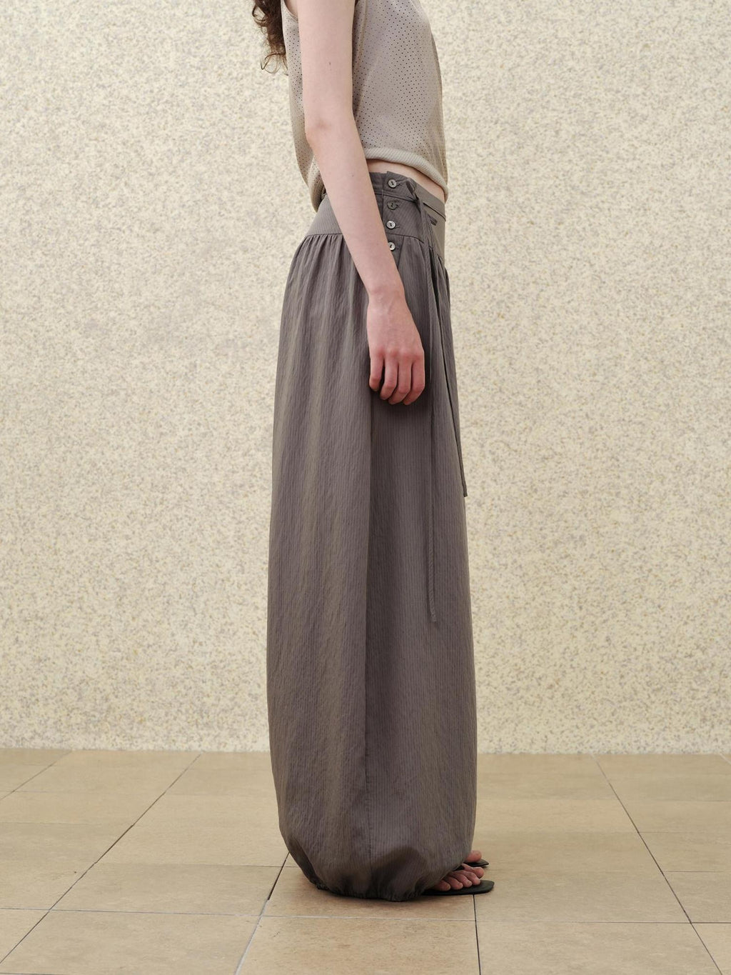 someonesometimes Soft Modal Loose Lantern Natural Waist Button Smoky Grey Wide Leg Pants