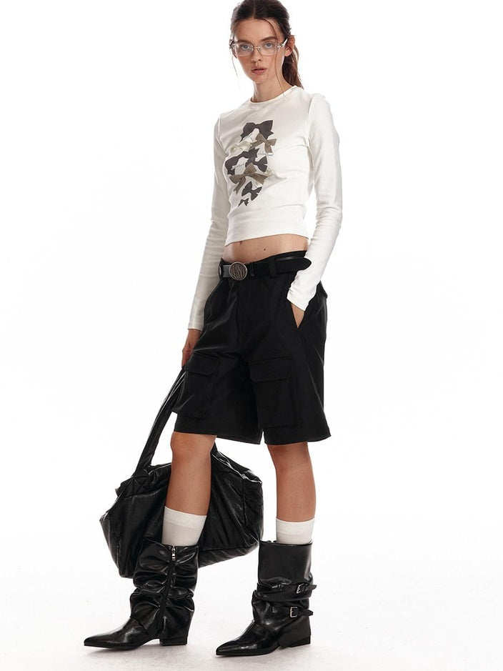 ALINNVSTUDIO Soft Cotton Printed Cropped Slim Fit Crew Neck Women Casual Long Sleeve T-Shirts