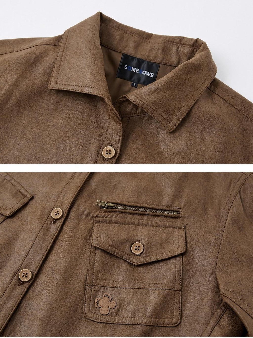 SOMESOWE Oversized Casual Pu Stand Collar Zip Flap Pocket Brown Women Leather Jackets