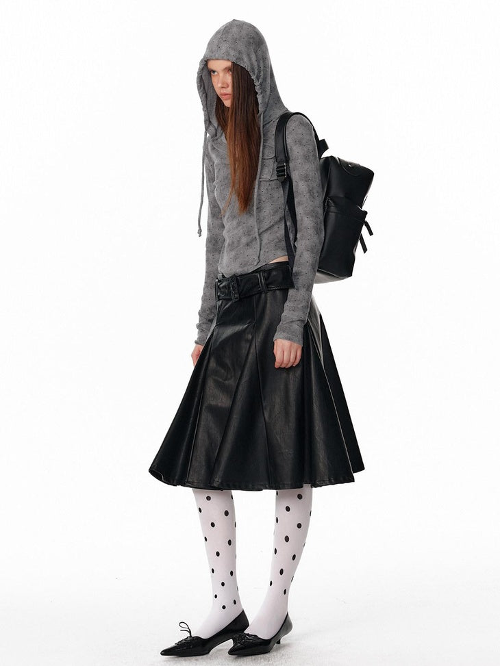 ALINNVSTUDIO Versatile Pu Belted Low Waist Flared Loose Fit Women Citywalk Black Midi Skirts