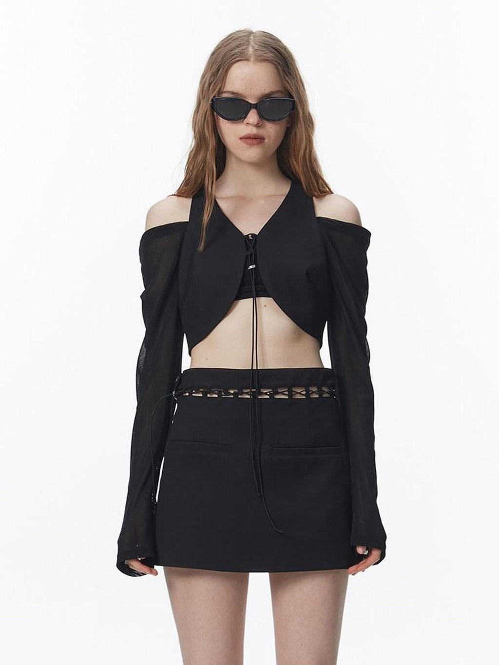 ALINNVSTUDIO Tie Front Long Sleeve Straight Fit Original Design Black Off Shoulder Crop Tops