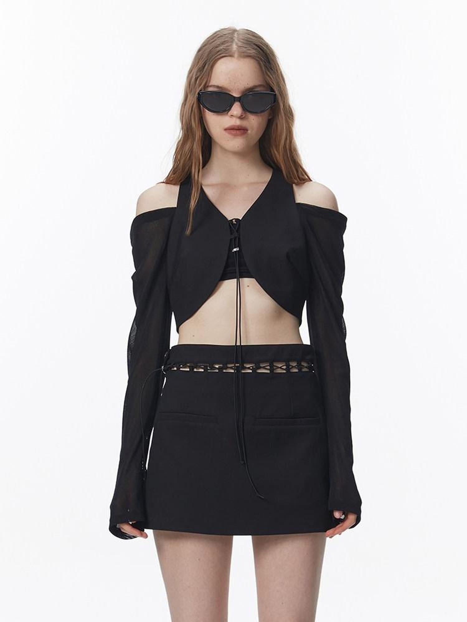 ALINNVSTUDIO Tie Front Long Sleeve Straight Fit Original Design Black Off Shoulder Crop Tops