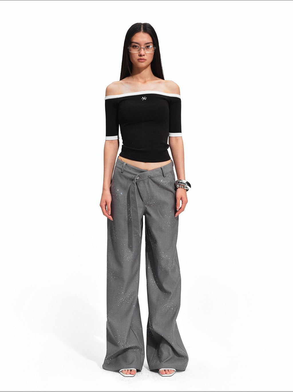 NAWSNOTAWEAR Rhinestone Low Rise Relaxed Women Button Closure Mist Gray Wide Leg Pants