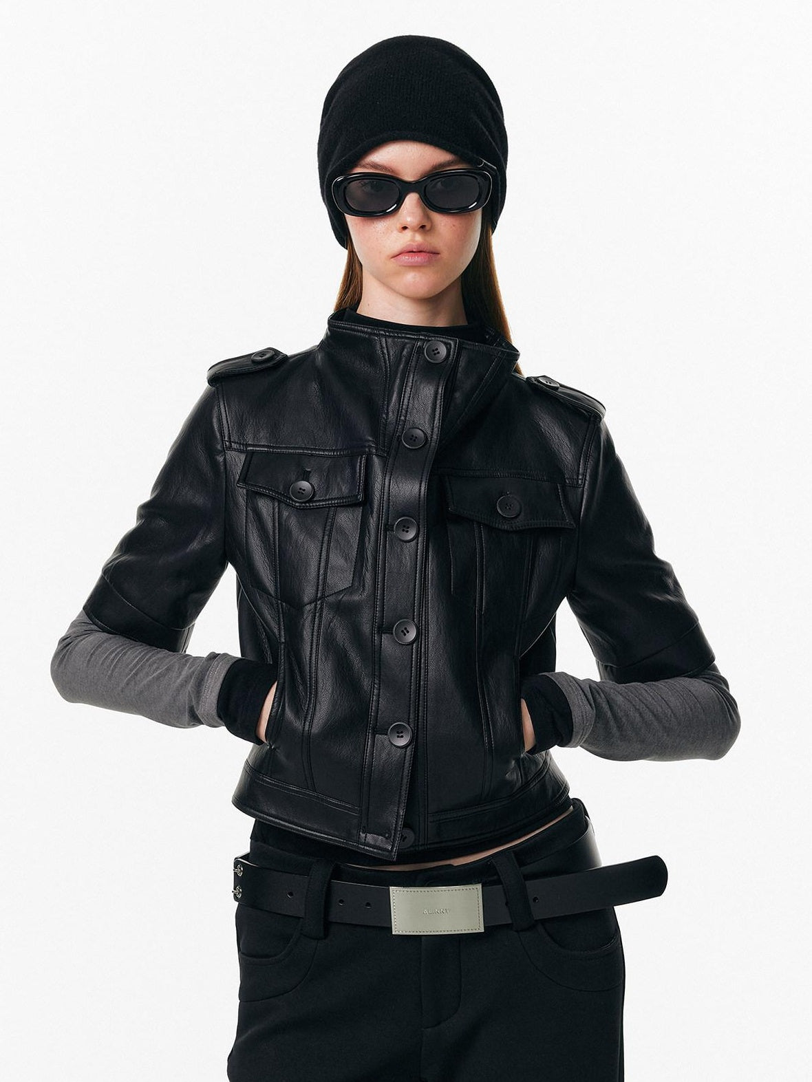 ALINNVSTUDIO Sleek Pu Slim Fit Cropped Short Sleeve Stand Collar Women Leather Jackets