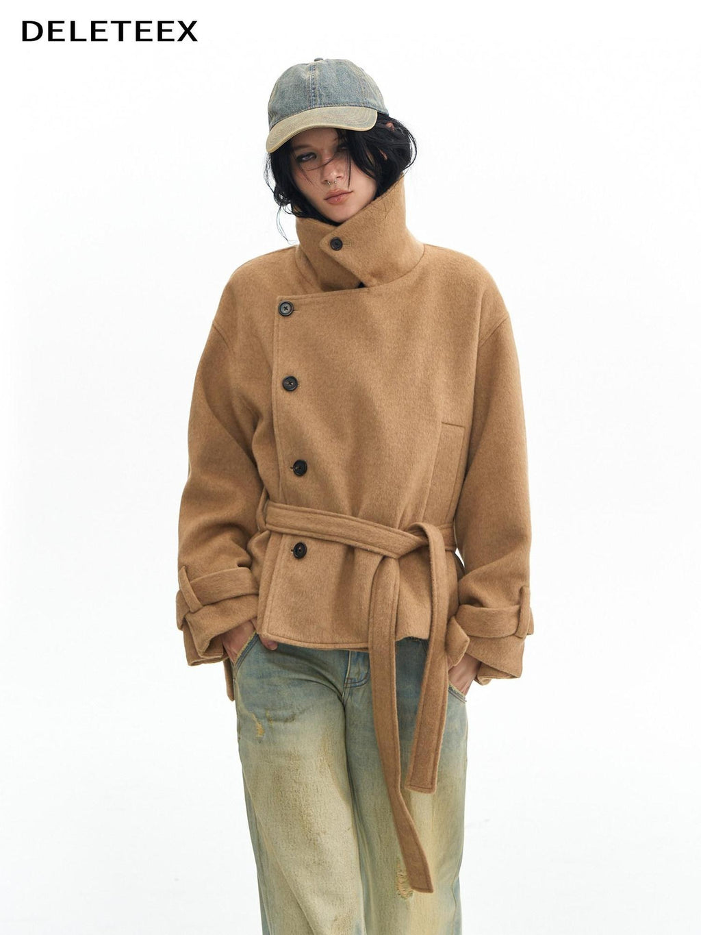 DeleteEx Thick Half Wool Blend American Cropped Lapel Young Women Khaki Wool Coats