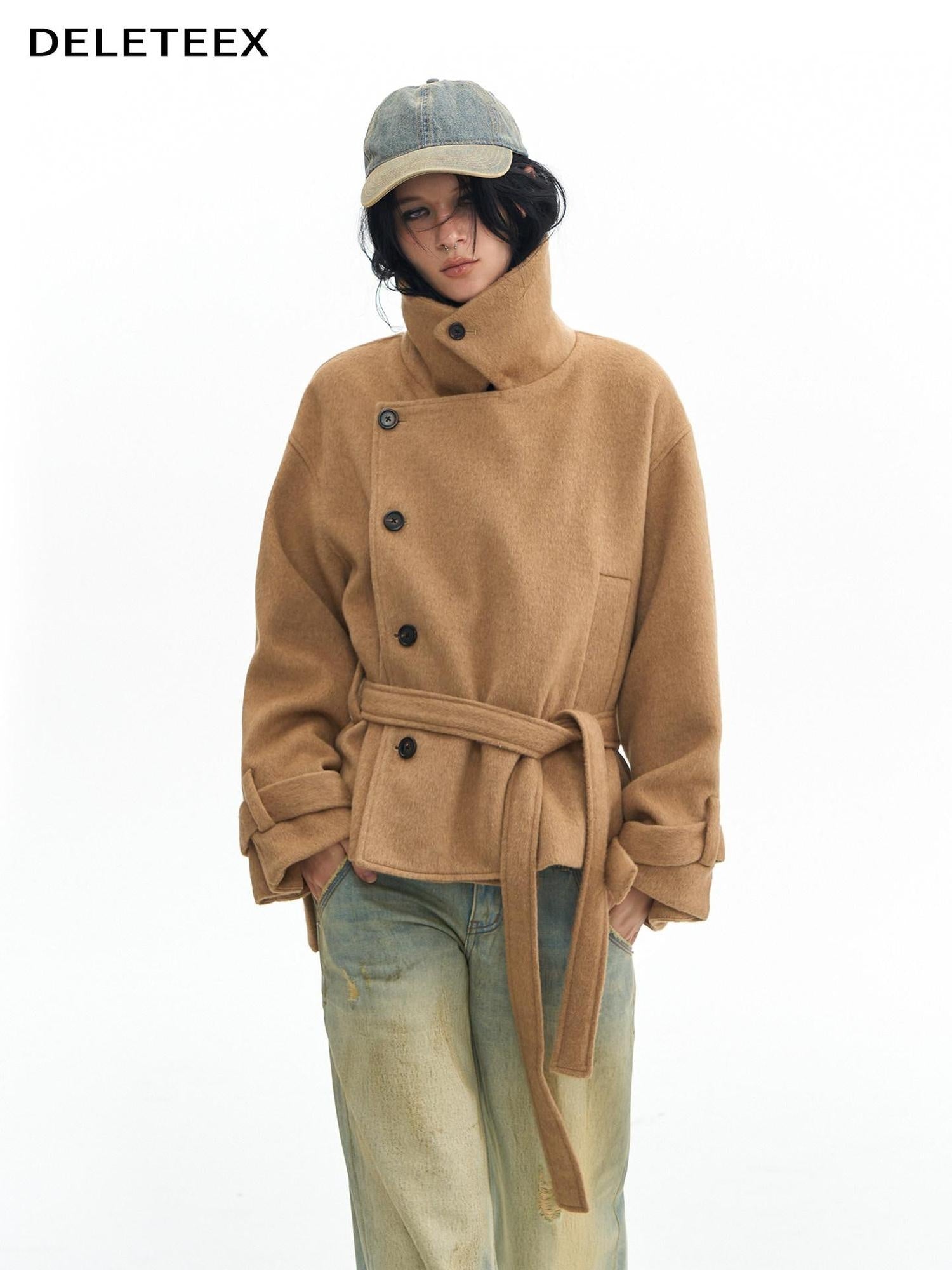 DeleteEx Thick Half Wool Blend American Cropped Lapel Young Women Khaki Wool Coats