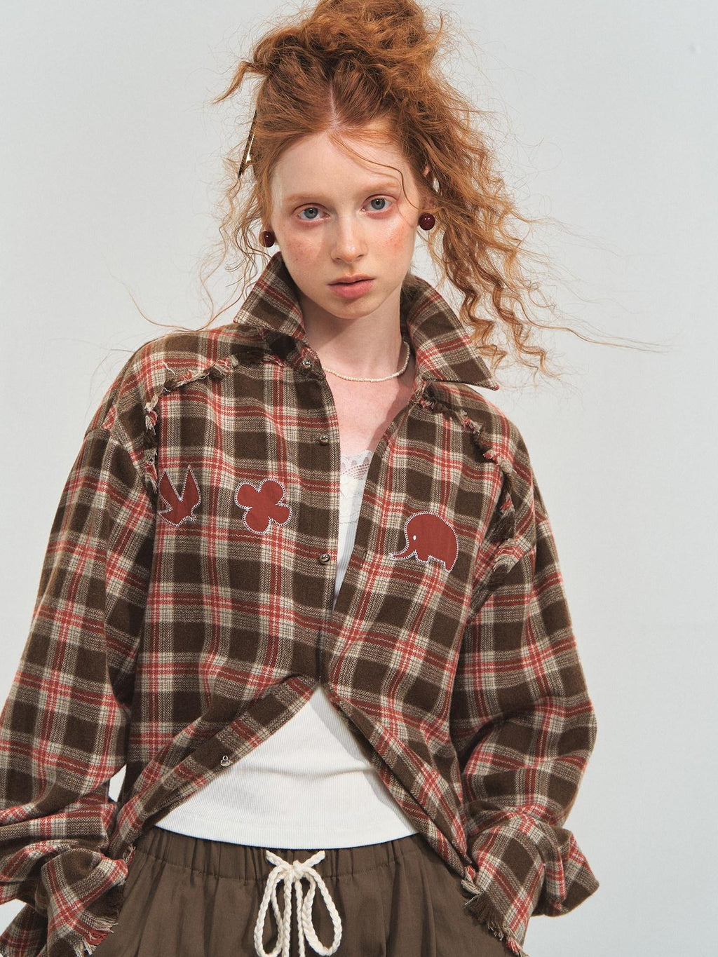 SOMESOWE Durable Fringe Plaid Loose Polo Collar Long Sleeve Women Wool Shirts