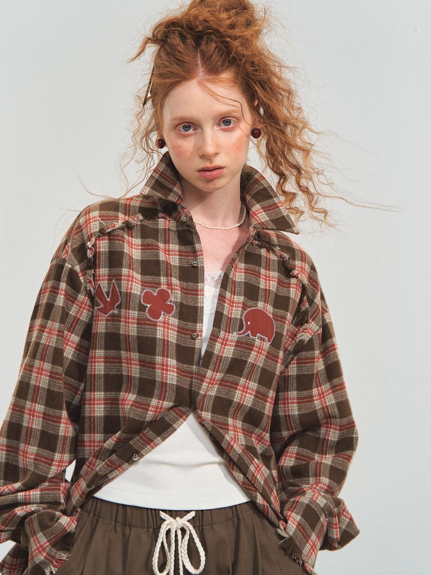 SOMESOWE Durable Fringe Plaid Loose Polo Collar Long Sleeve Women Wool Shirts