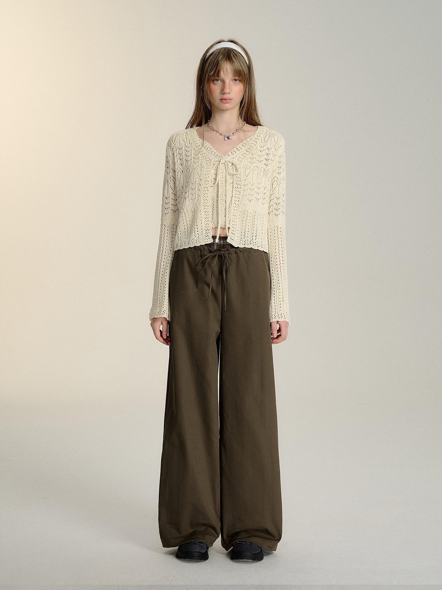 SOMESOWE Minimalist Double Waist Drawstring Natural Waist Office Women Wide Leg Pants