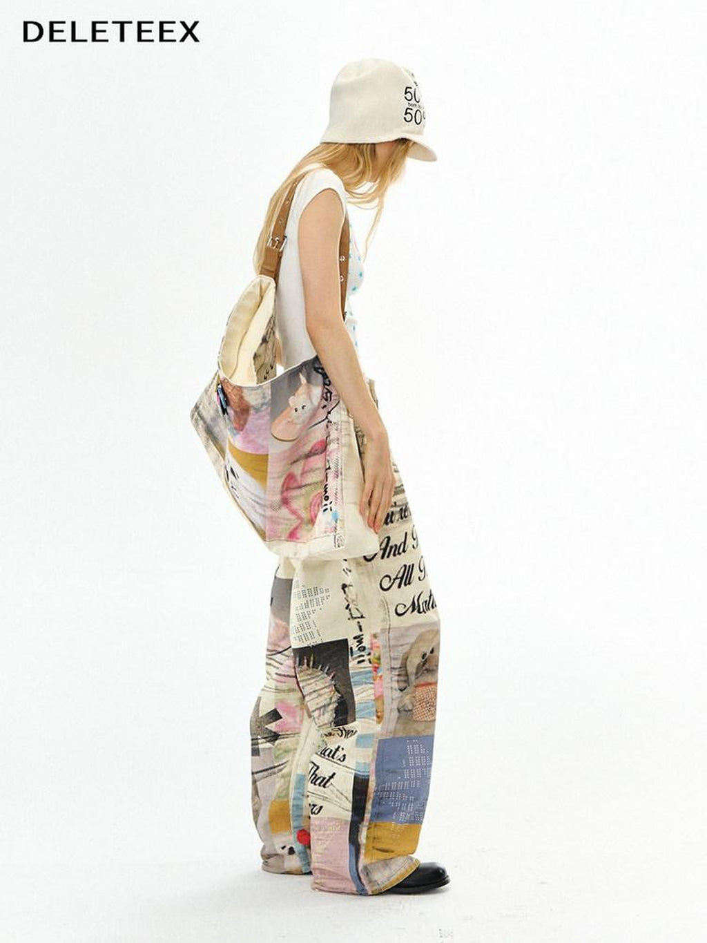 DeleteEx Cotton Washed Print Loose Natural Waist Zipper Wide Leg Jeans