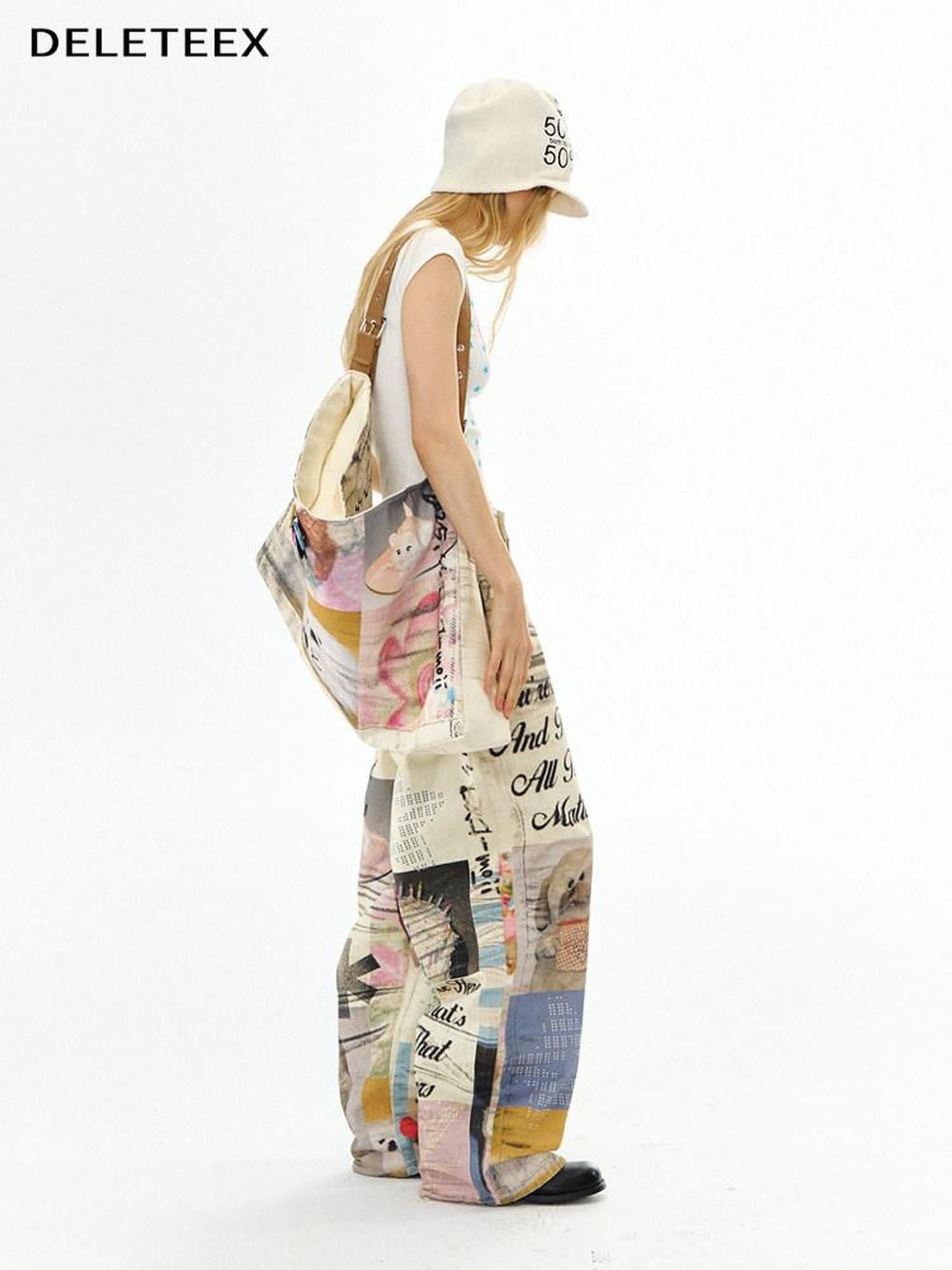 DeleteEx Cotton Washed Print Loose Natural Waist Zipper Wide Leg Jeans