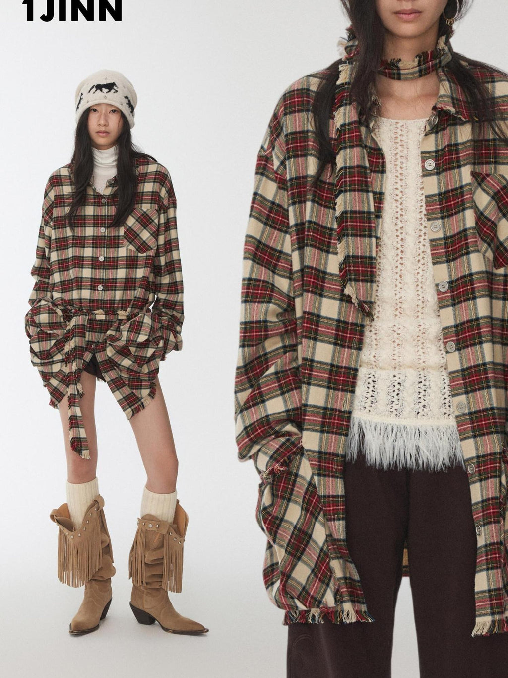 1JINN STUDIO Cotton Plaid Workwear Loose Straight Fit Long Sleeve Casual Women Mini Dresses
