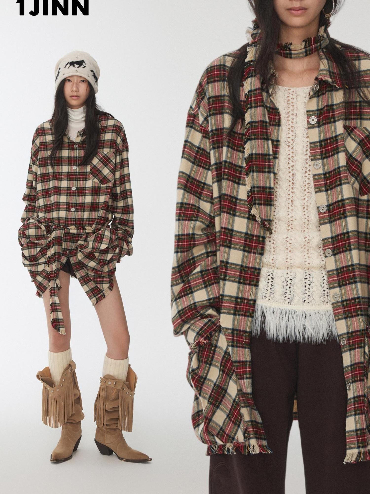 1JINN STUDIO Cotton Plaid Workwear Loose Straight Fit Long Sleeve Casual Women Mini Dresses