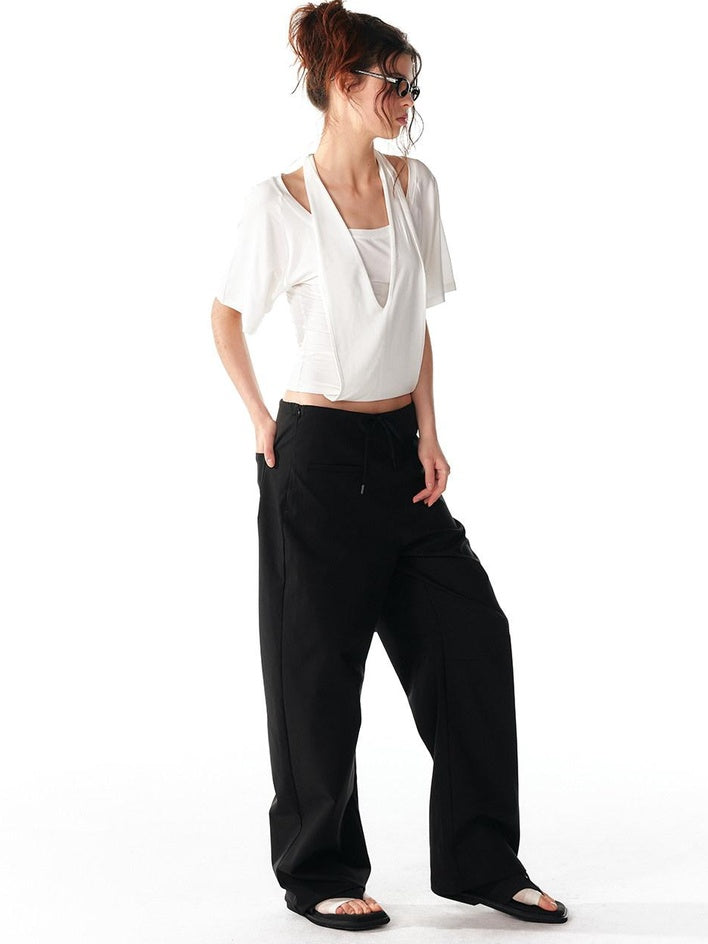 ALINNVSTUDIO Minimalist 100 Percent Polyester Low Waist Zip Fly Loose Wide Leg Pants