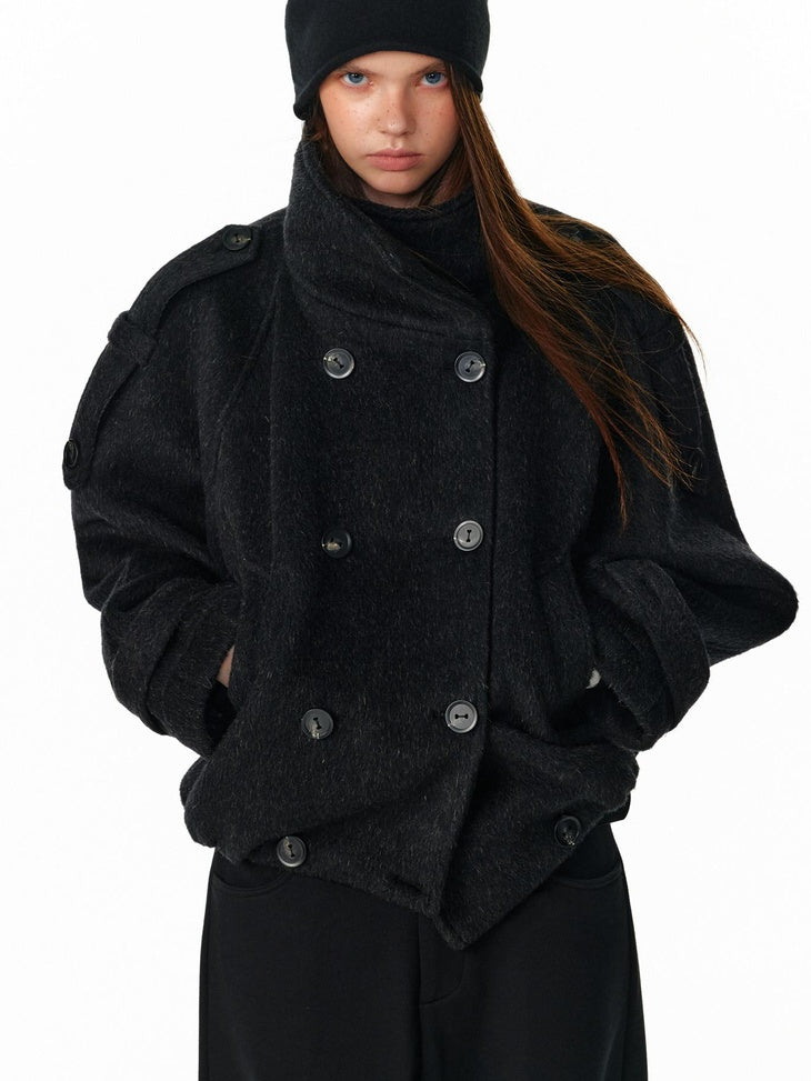 ALINNVSTUDIO Double Breasted Short Loose Lapel Commuter Women Thick Black Gray Wool Coats