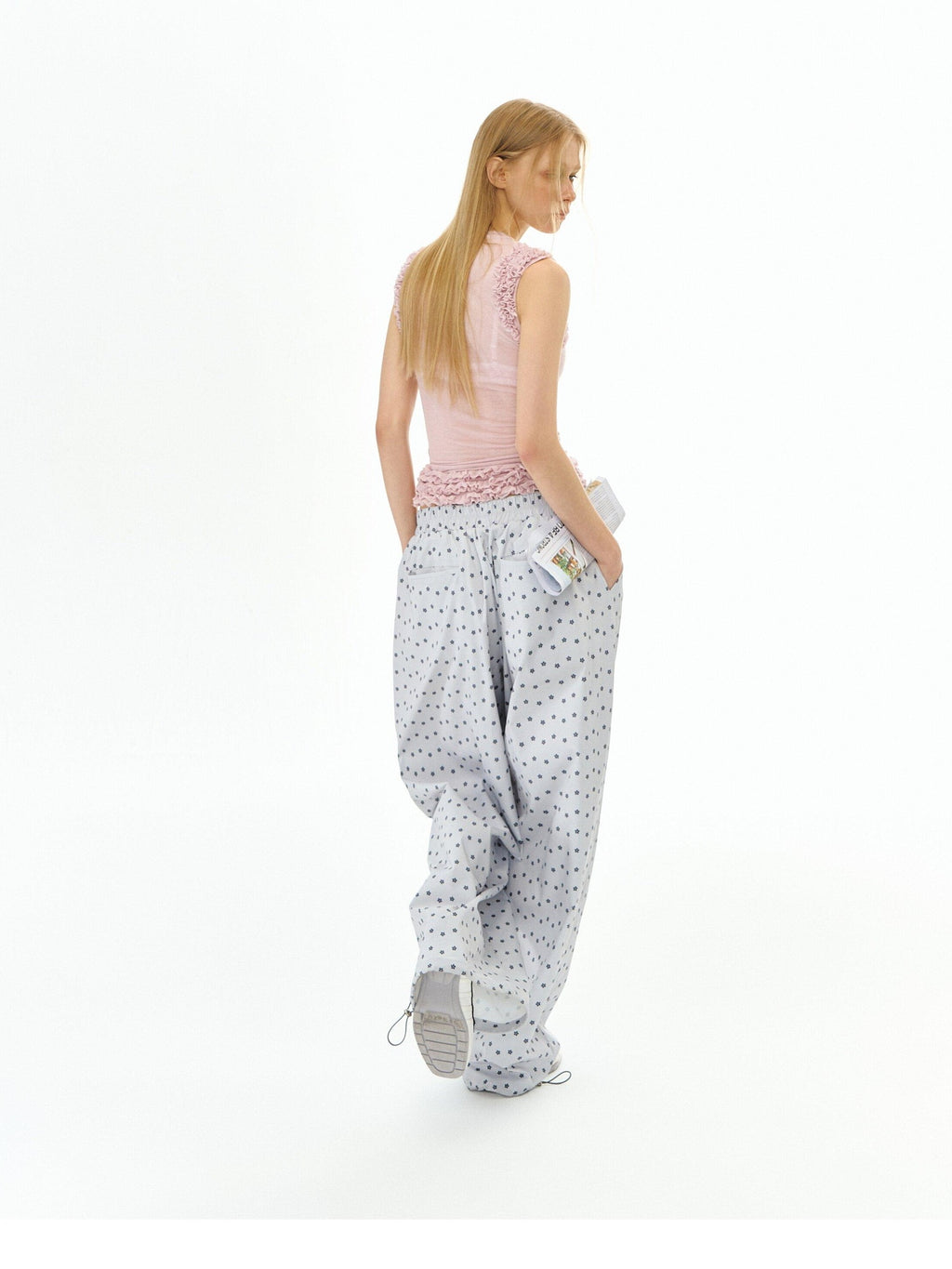 DeleteEx Soft 100 Percent Polyester Silver Gray Print Flowy Casual Wide Leg Pants