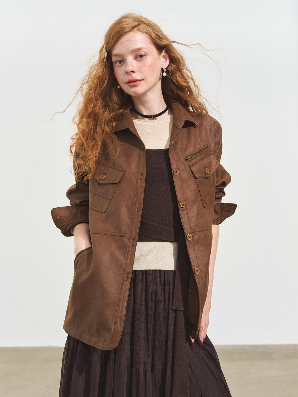 SOMESOWE Oversized Casual Pu Stand Collar Zip Flap Pocket Brown Women Leather Jackets