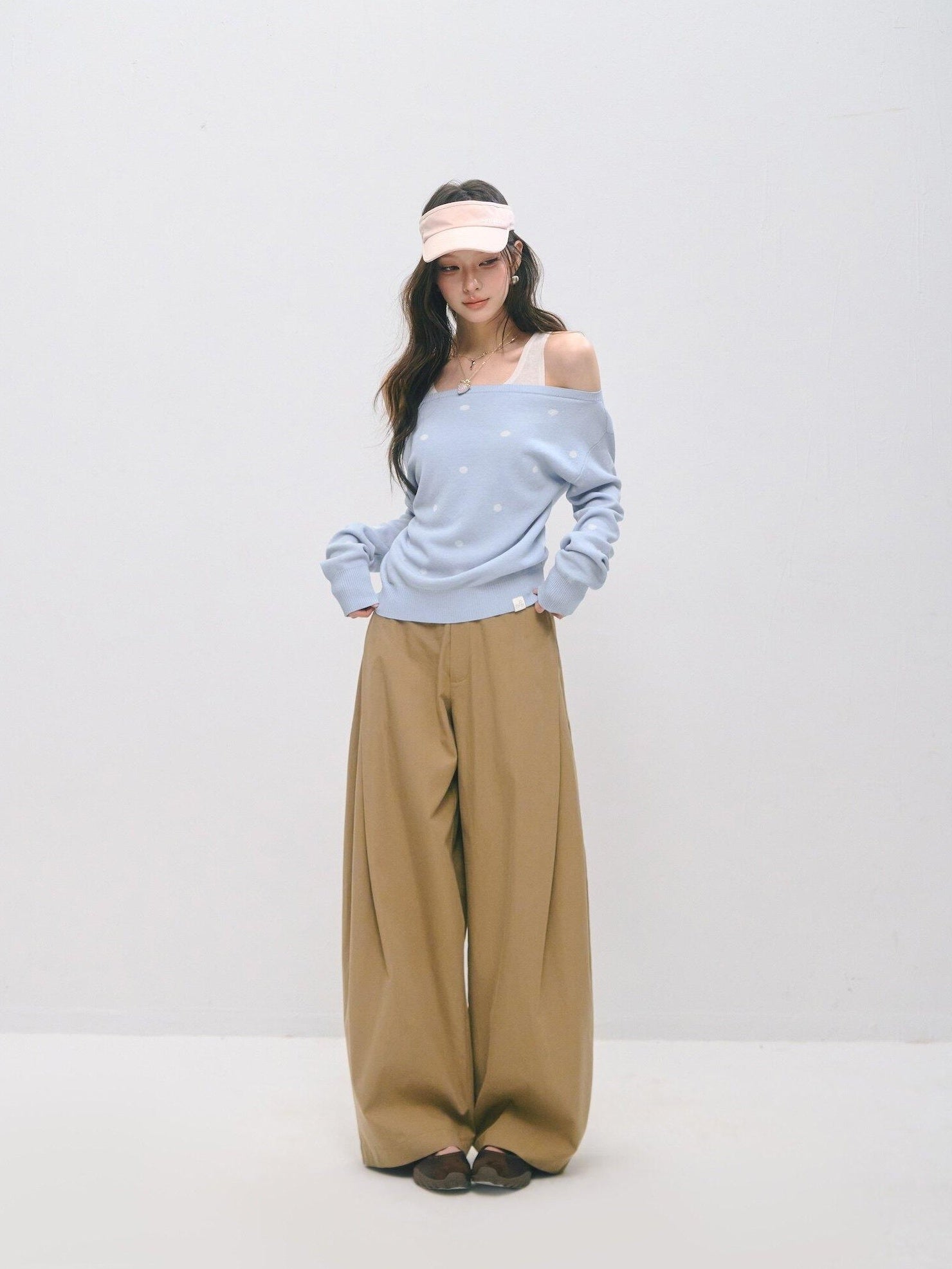 SOMESOWE Drawstring Pocket Relaxed Natural Waist Women Solid Khaki Grey Wide Leg Pants