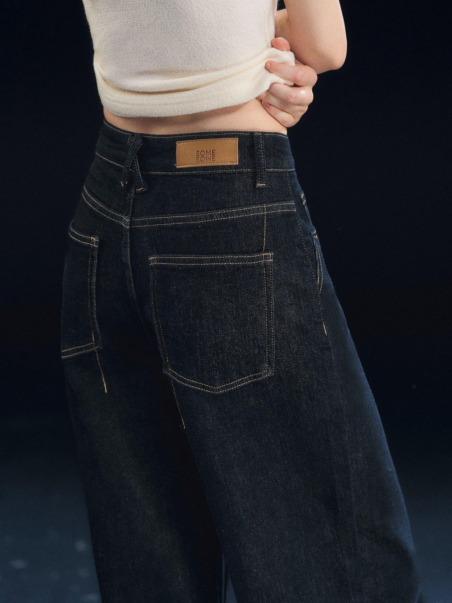 SOMESOWE High Rise Stretch Pleated Pocket Women Dark Cotton Denim Straight Leg Jeans