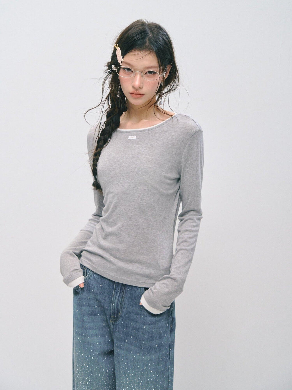 SOMESOWE Cotton Creative Print Mock Layer Relaxed Casual Women Long Sleeve T-Shirts