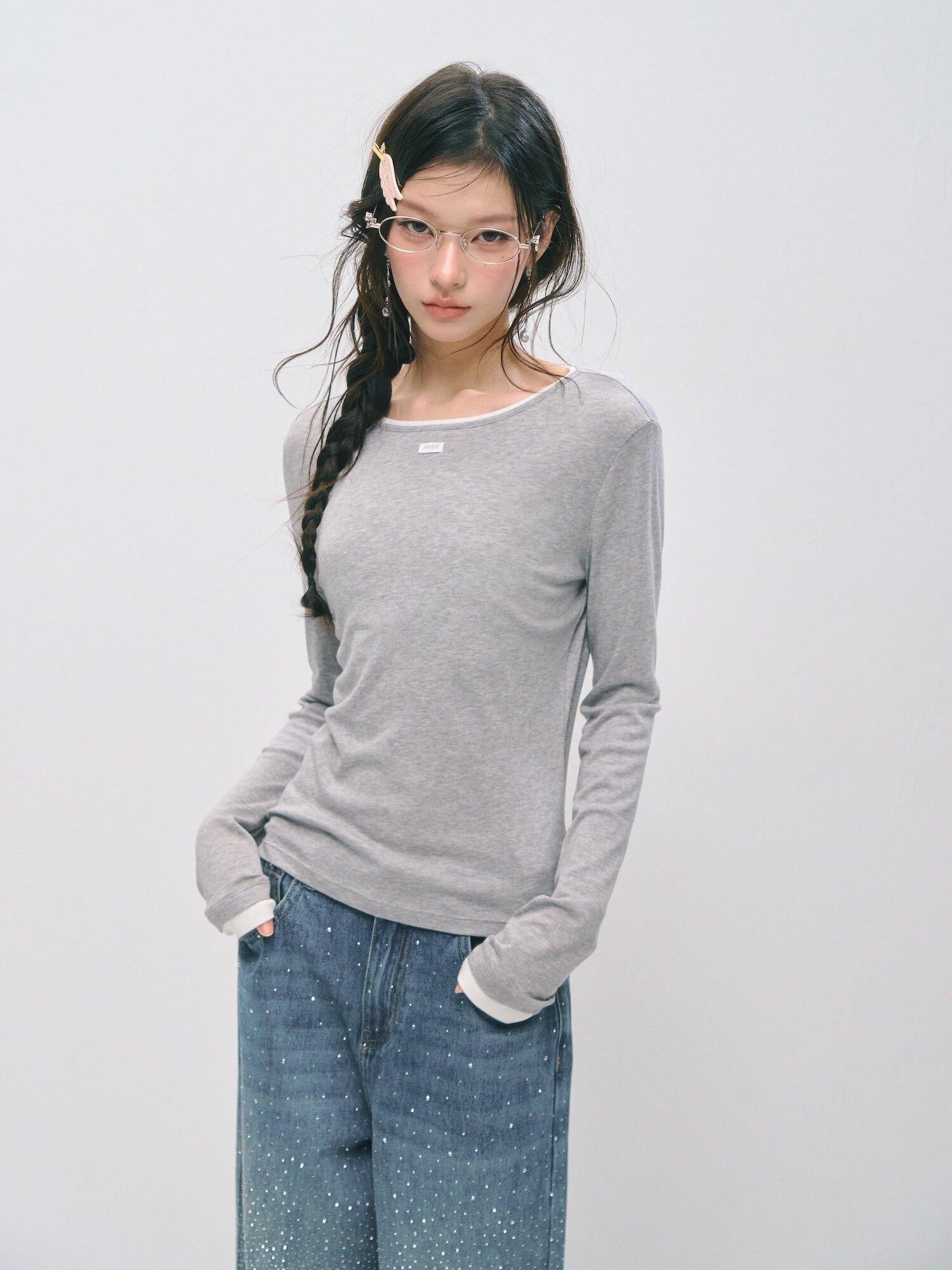 SOMESOWE Cotton Creative Print Mock Layer Relaxed Casual Women Long Sleeve T-Shirts