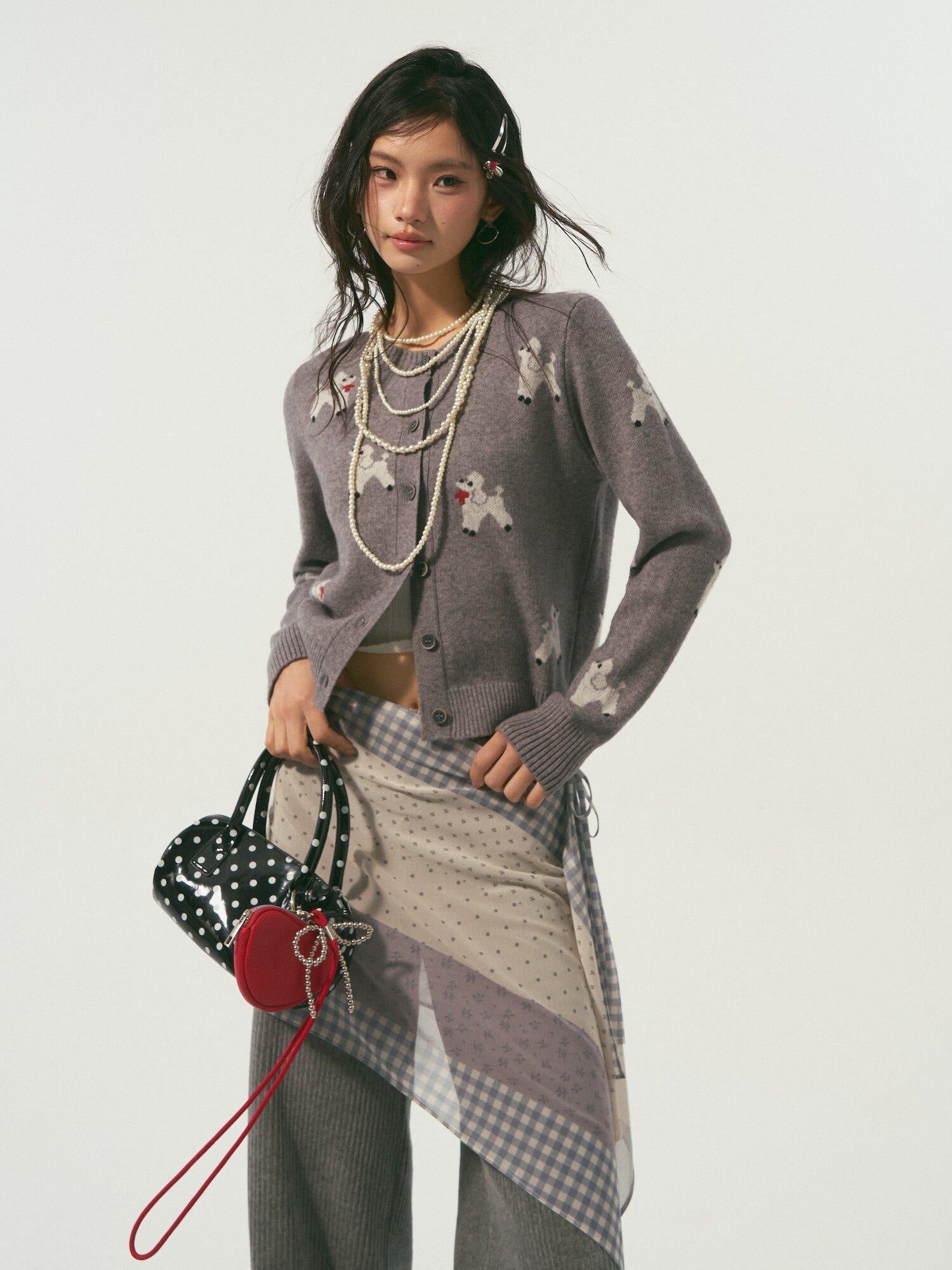 SOMESOWE Soft Acrylic Blend Animal Print Buttoned Crewneck Casual Women Grey Cardigans