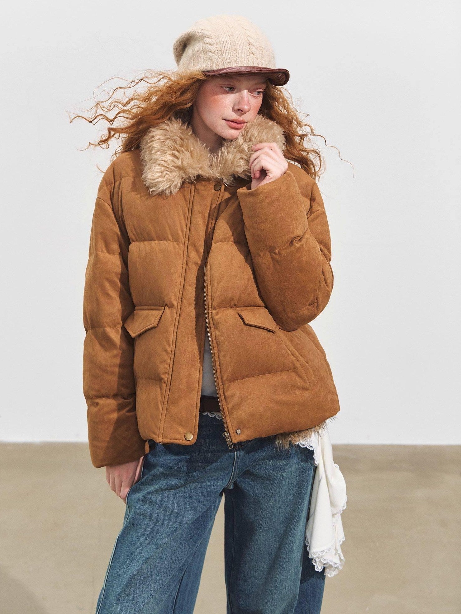 SOMESOWE 90 Percent White Duck Down Eco Minimal Commuter Relaxed Fit Camel Down Jackets