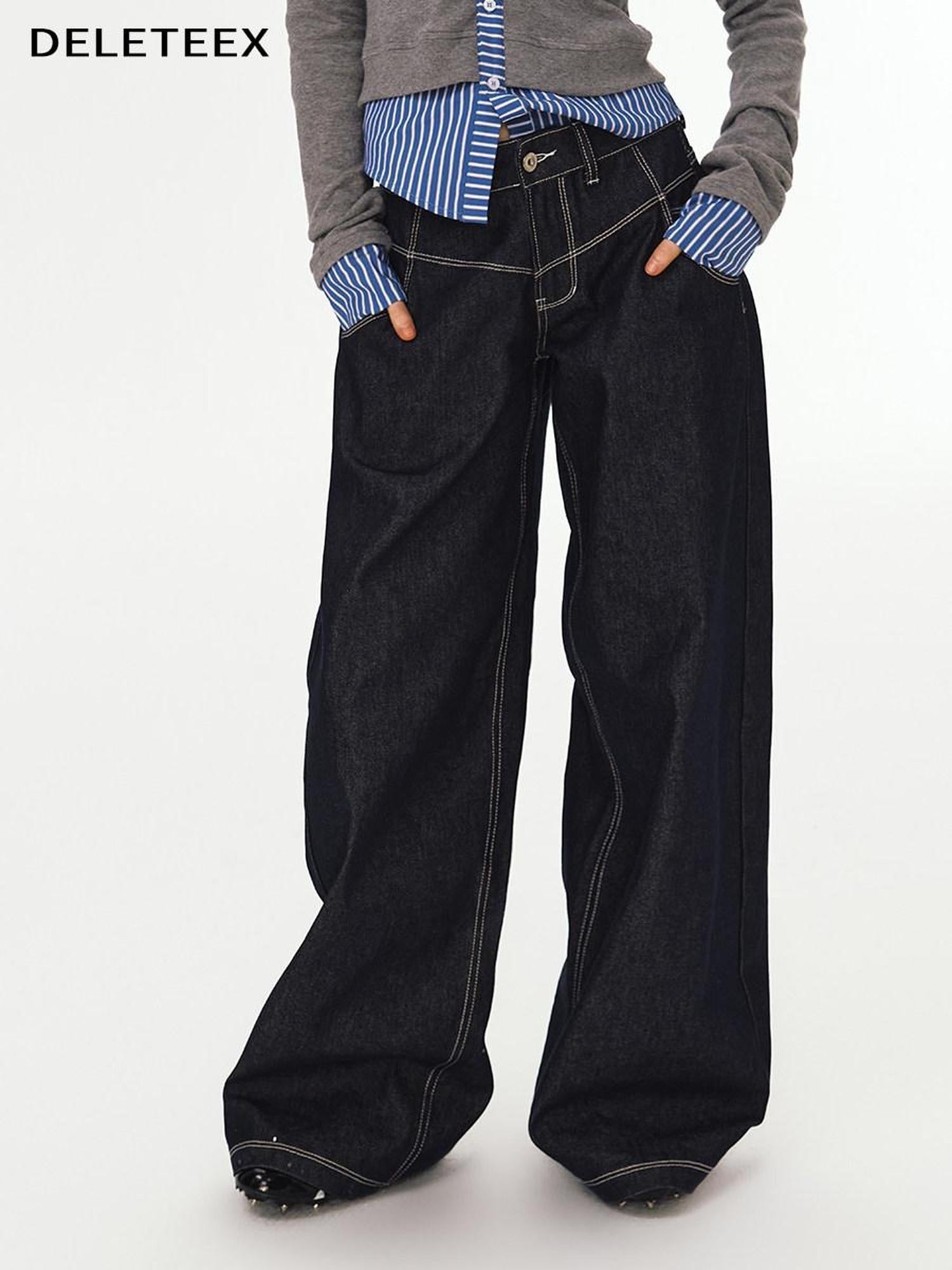 DeleteEx Dark Indigo Original Denim Relaxed Natural Waist Loose Casual Wide Leg Jeans