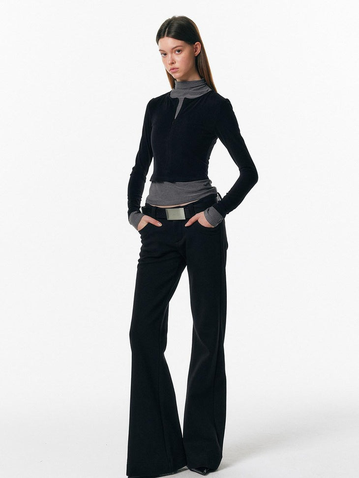 ALINNVSTUDIO Warm Low Rise Casual Zip Fly Slight Stretch Black Women Flared Pants