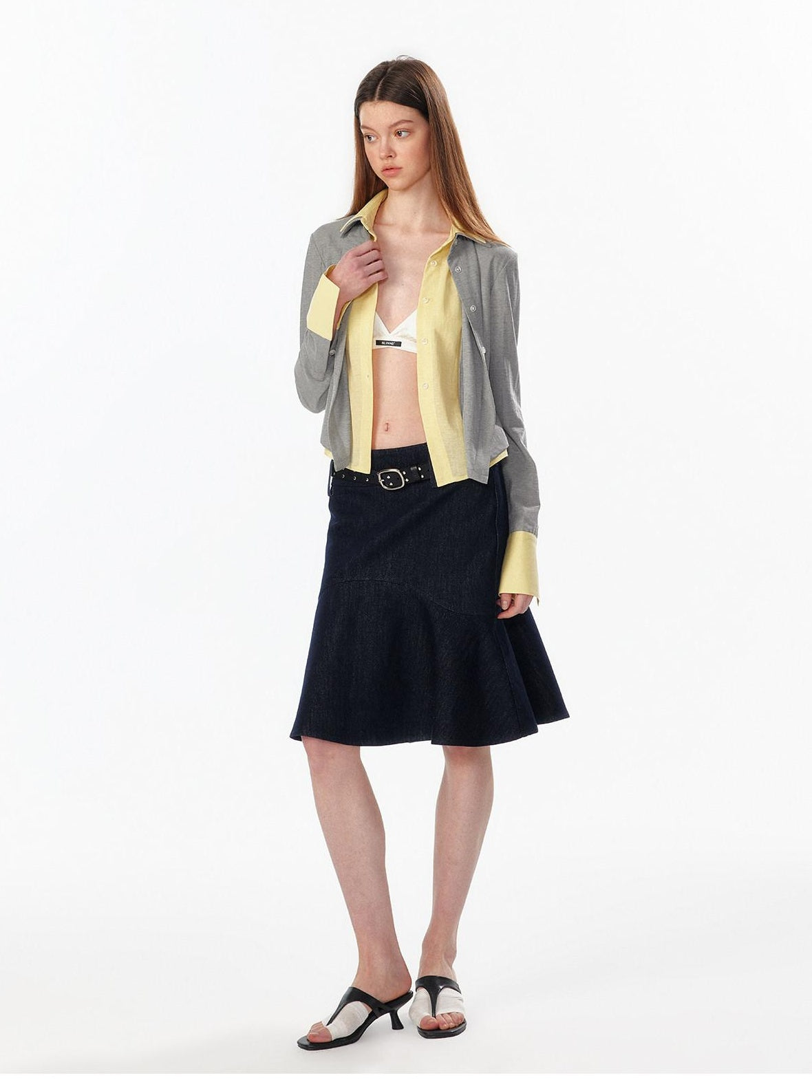 ALINNVSTUDIO Colorblock Faux Layered Slim Waist Cropped Cardigan Longsleeve Womens Shirts