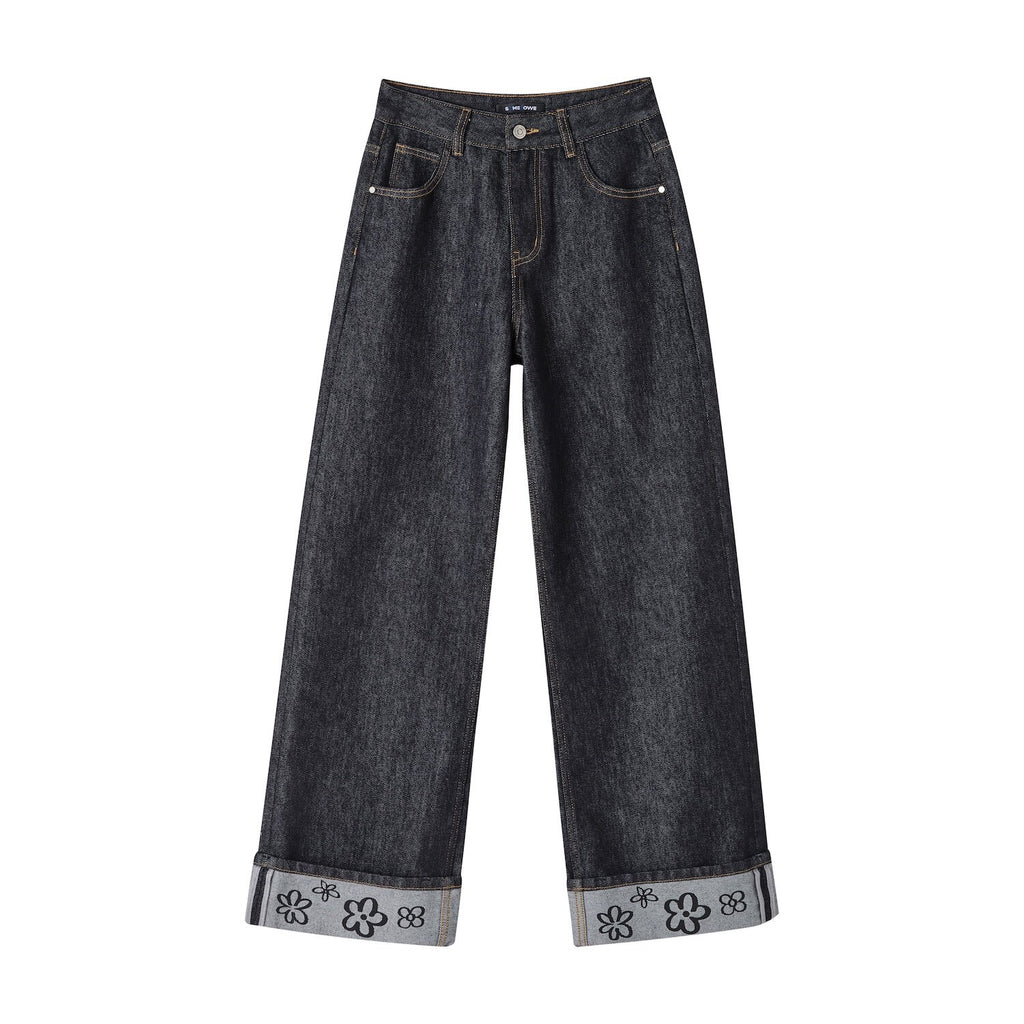 SOMESOWE_Relaxed_Streetwear_Unisex_Floral_Detail_Blue_Black_Denim_Straight_Leg_Jeans_MISSTT