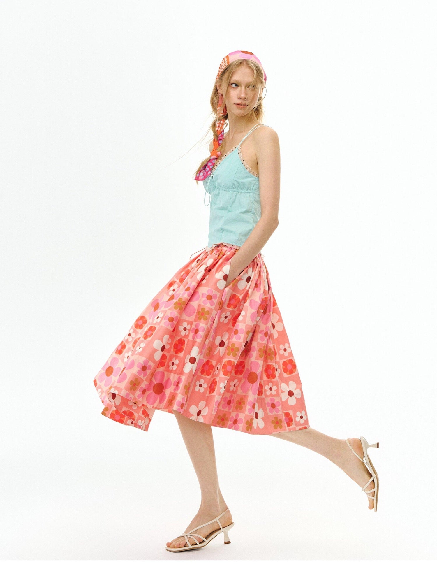 DeleteEx Flattering High Waist A Line Orange Red Floral Polyester Women Midi Skirts