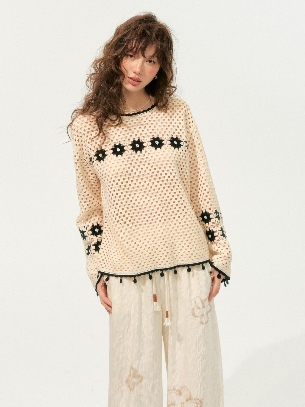 SOMESOWE Soft Acrylic Loose Openwork Knit Pullover Women Casual Round Neck Beige Sweaters