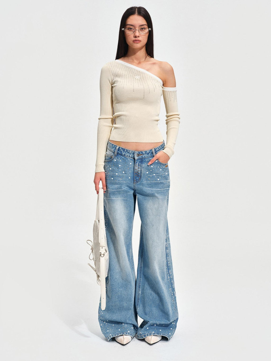 NAWSNOTAWEAR Rhinestone Embellished Vintage Low Waist Glacier Blue Wide Leg Jeans