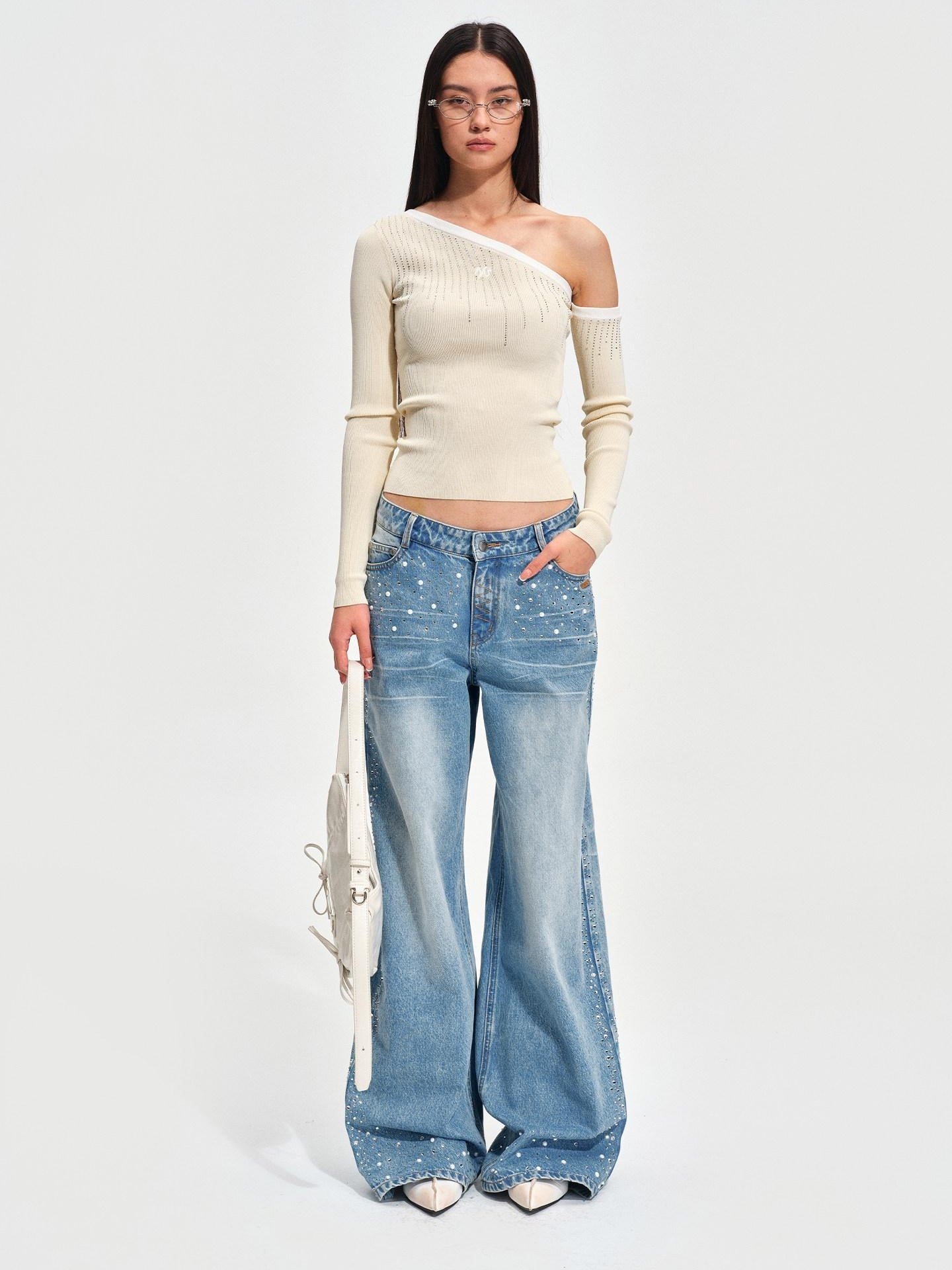 NAWSNOTAWEAR Rhinestone Embellished Vintage Low Waist Glacier Blue Wide Leg Jeans