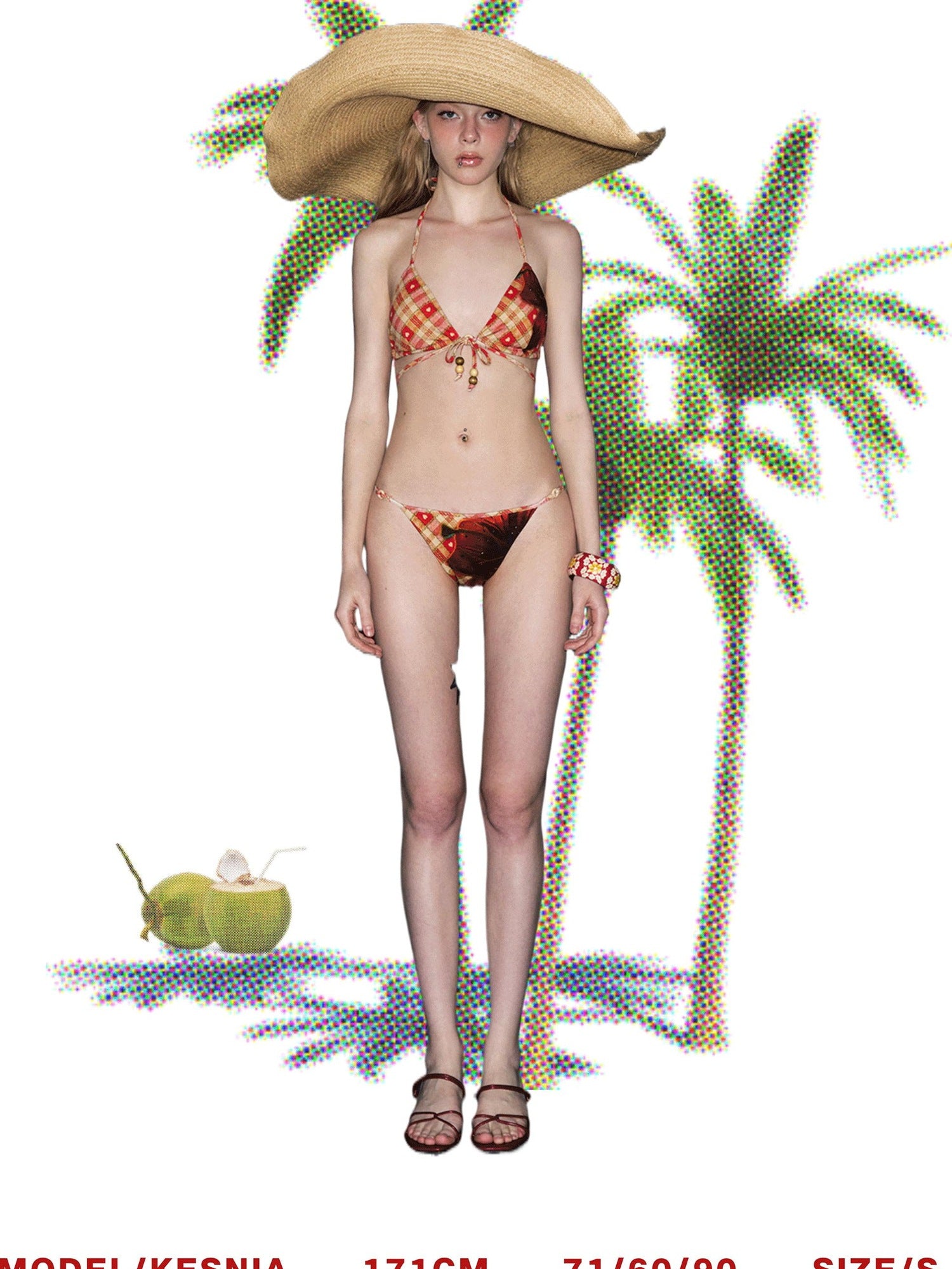 DeleteEx Chic Brown Red Gray Plaid Print Two Piece Beach Swimwear Bikini Sets