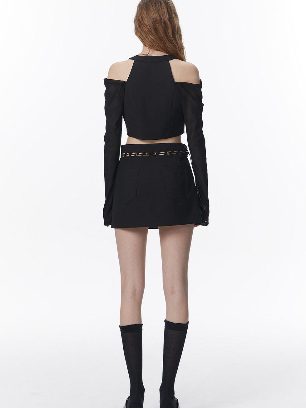 ALINNVSTUDIO Tie Front Long Sleeve Straight Fit Original Design Black Off Shoulder Crop Tops