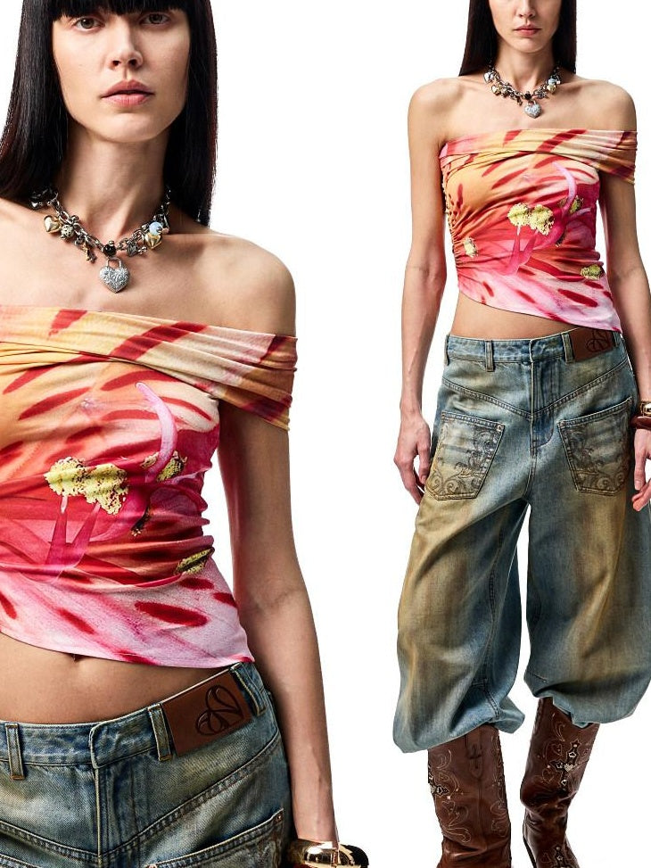 1JINN STUDIO Floral Print One Shoulder Slim Fit Street Women Polyester Stretch Tank Tops