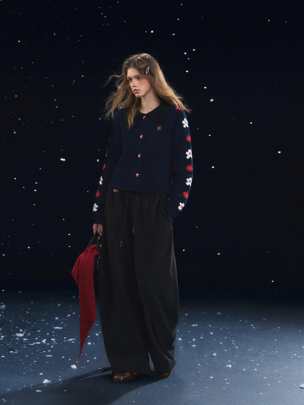 SOMESOWE Floral Embroidered Vintage Lapel Button Navy Long Sleeve Casual Women Cardigans