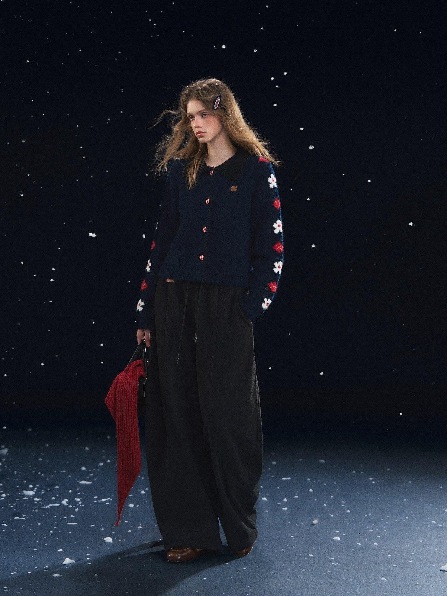 SOMESOWE Floral Embroidered Vintage Lapel Button Navy Long Sleeve Casual Women Cardigans