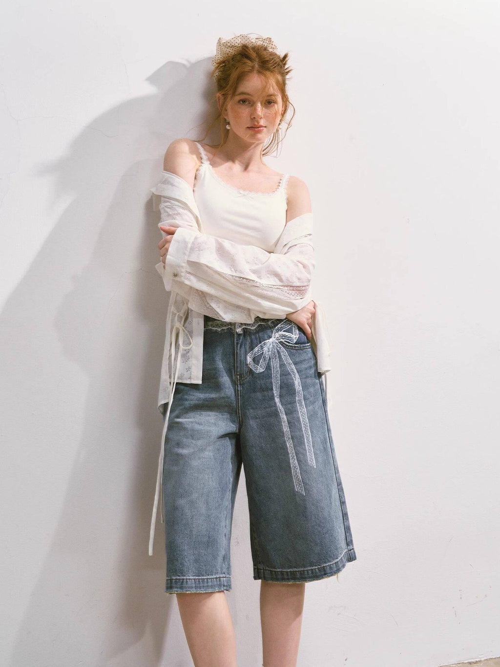SOMESOWE Soft Washed Cotton Stretch Casual Straight Natural Waist Women Blue Denim Shorts