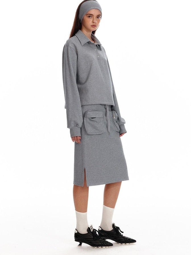 ALINNVSTUDIO Cropped Loose Fit Polo Collar Long Sleeve Commuter Solid Color Sweatshirt