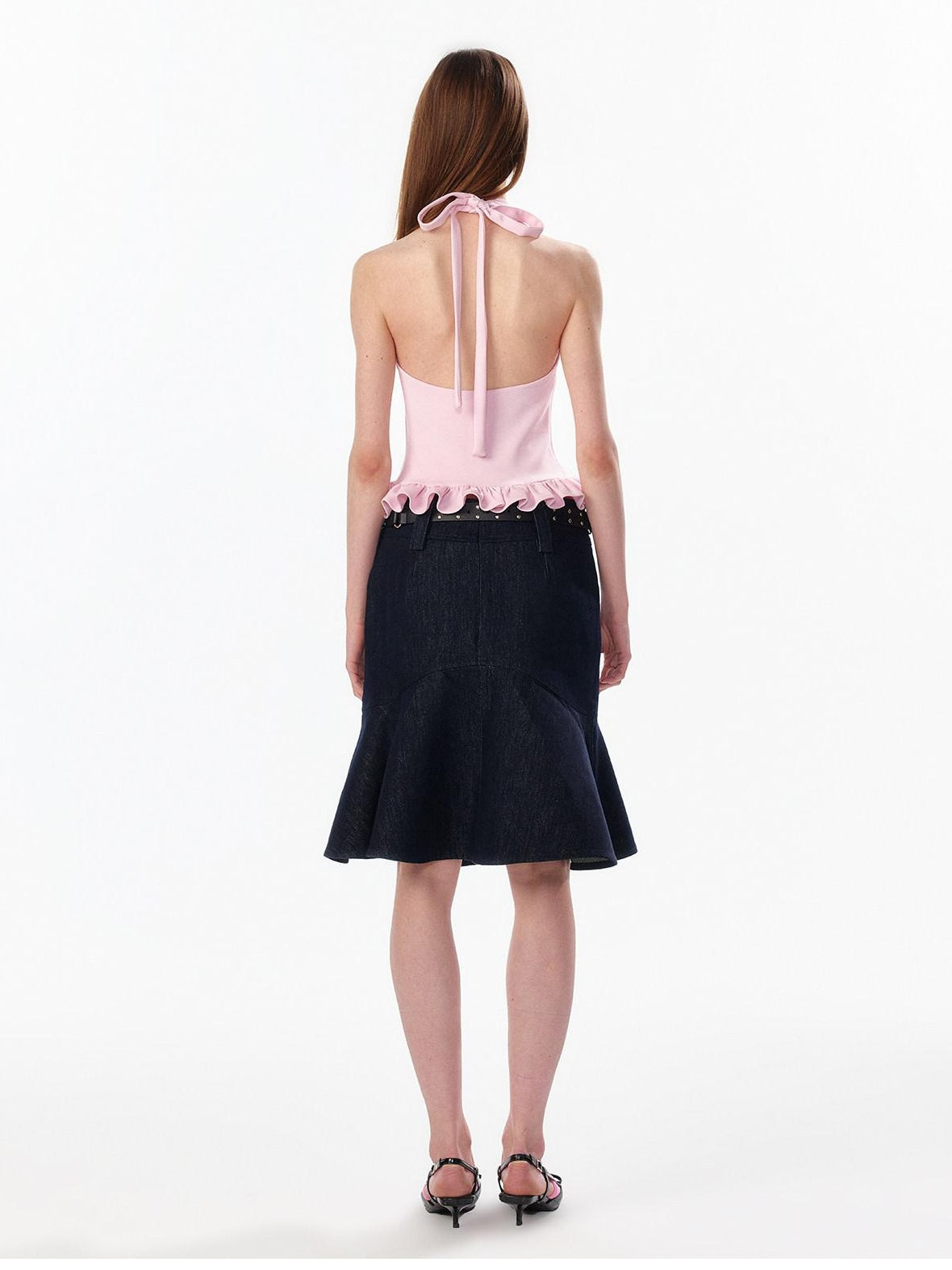 ALINNVSTUDIO Ruffle Trim Cropped Fitted Waist Halter Mock Neck Women Modal Blend Tank Tops