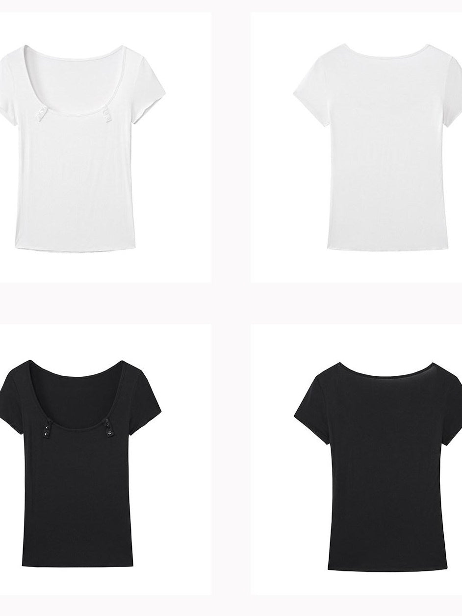 DeleteEx Button U Neck Casual Regular Fit Women Solid Black White Short Sleeve T-Shirts