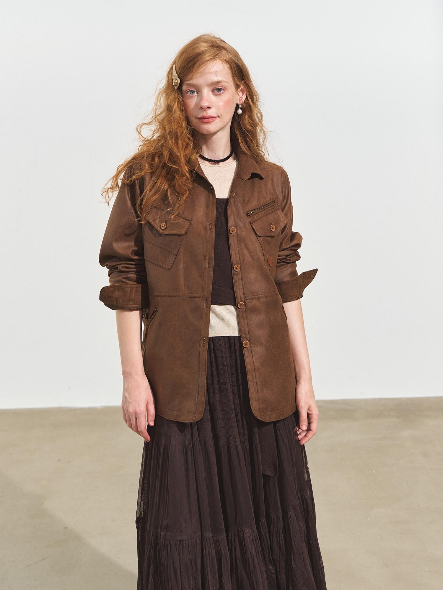 SOMESOWE Oversized Casual Pu Stand Collar Zip Flap Pocket Brown Women Leather Jackets
