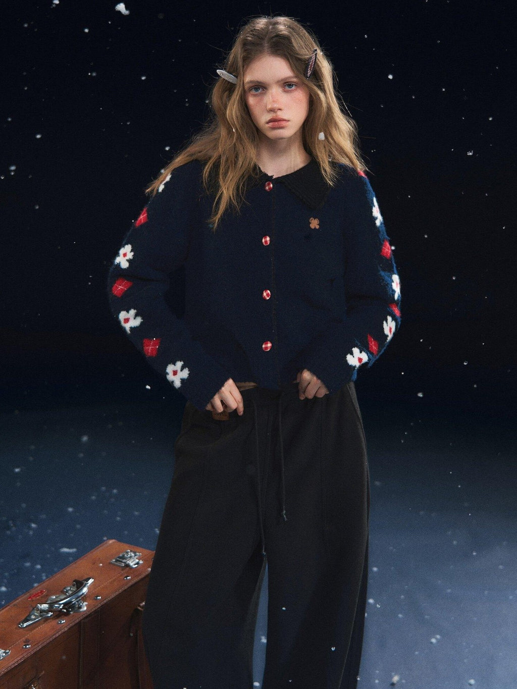 SOMESOWE Floral Embroidered Vintage Lapel Button Navy Long Sleeve Casual Women Cardigans