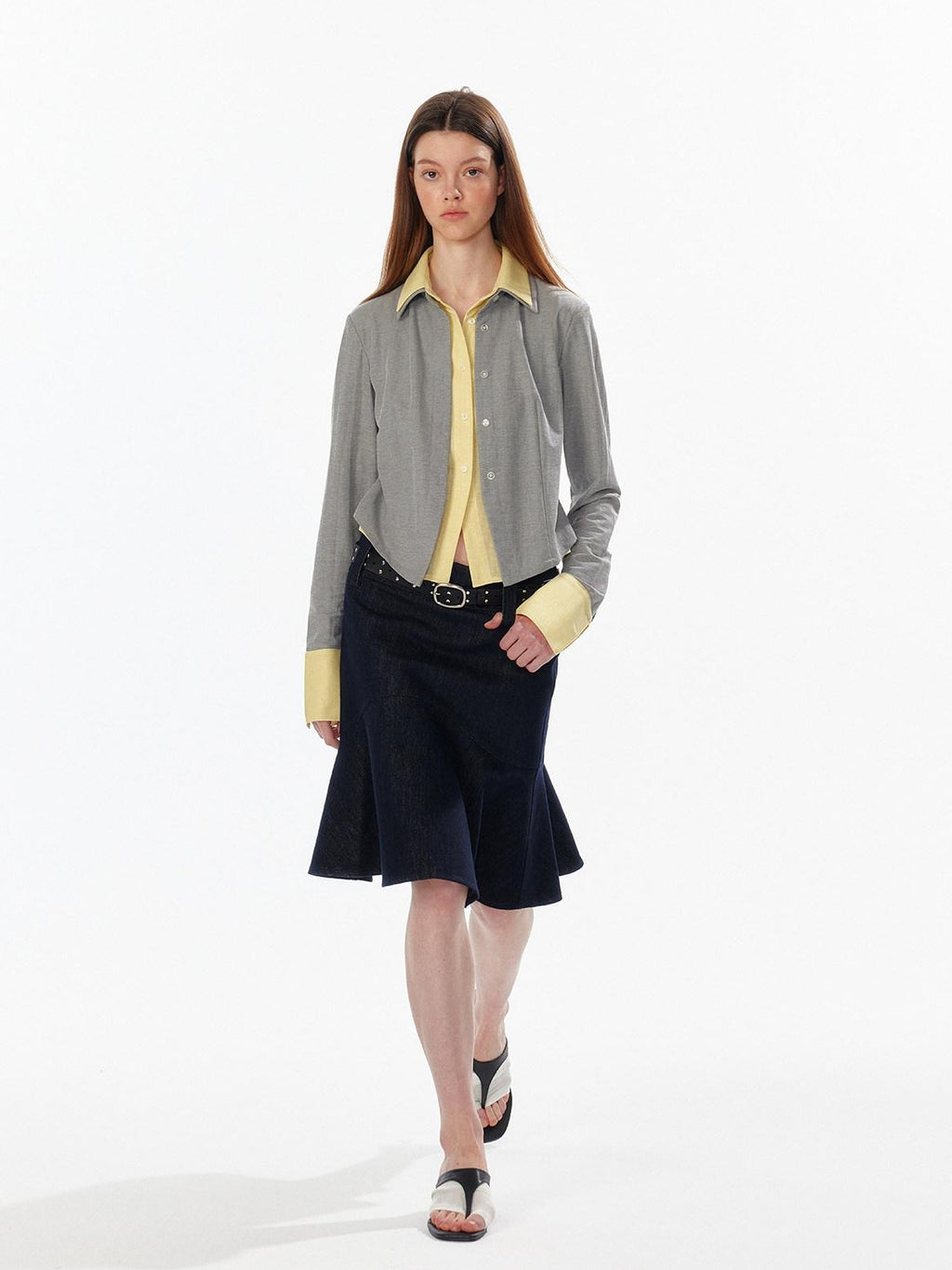 ALINNVSTUDIO Colorblock Faux Layered Slim Waist Cropped Cardigan Longsleeve Womens Shirts