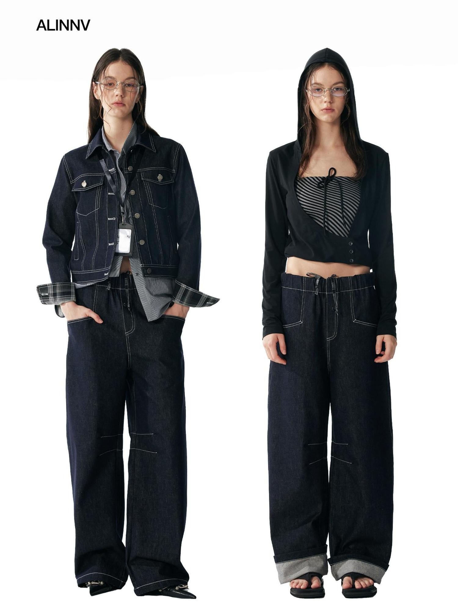 ALINNVSTUDIO Relaxed Fit Cotton Natural Waist Topstitch Deep Indigo Women Wide Leg Jeans
