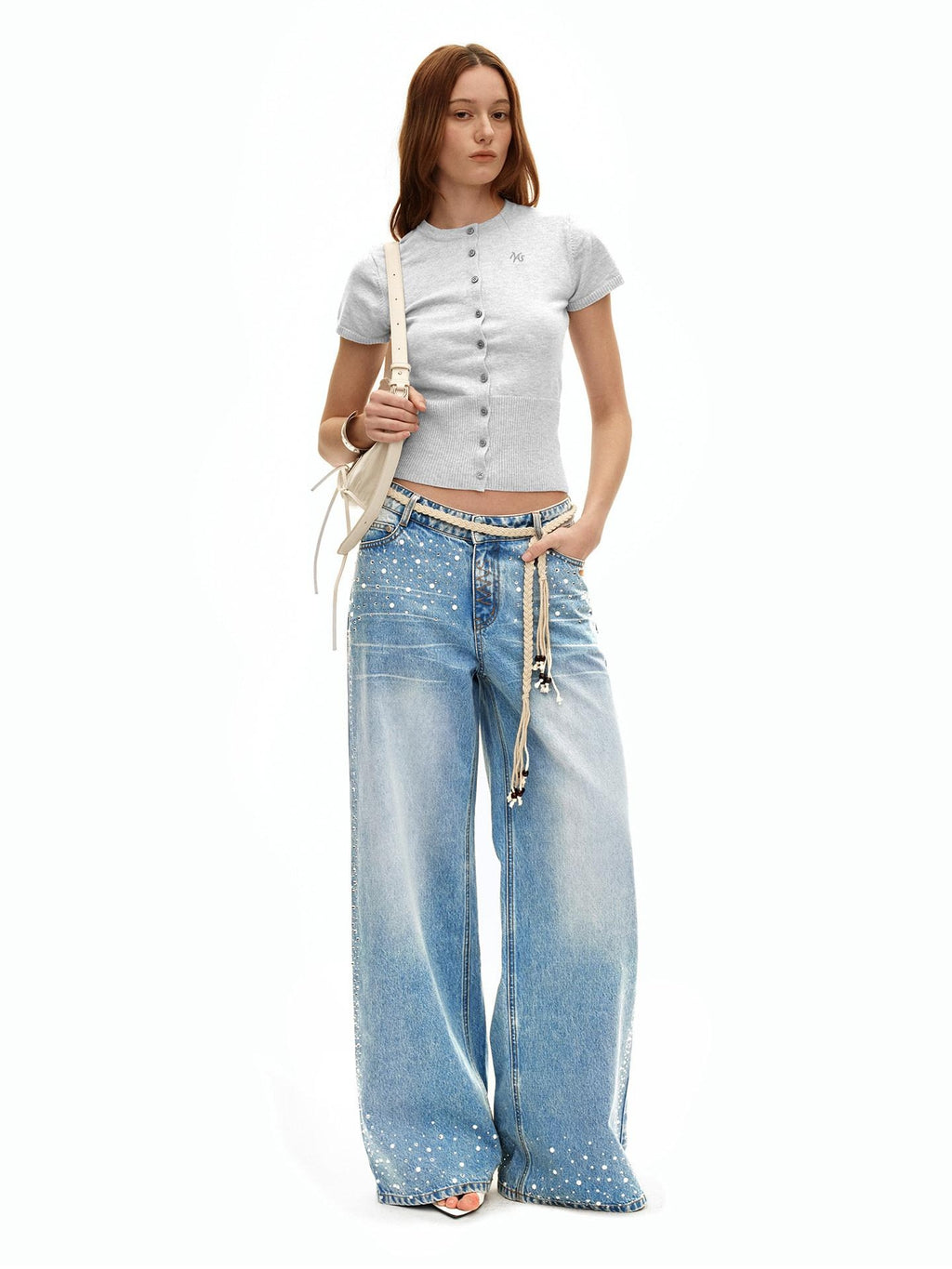 NAWSNOTAWEAR Rhinestone Embellished Vintage Low Waist Glacier Blue Wide Leg Jeans