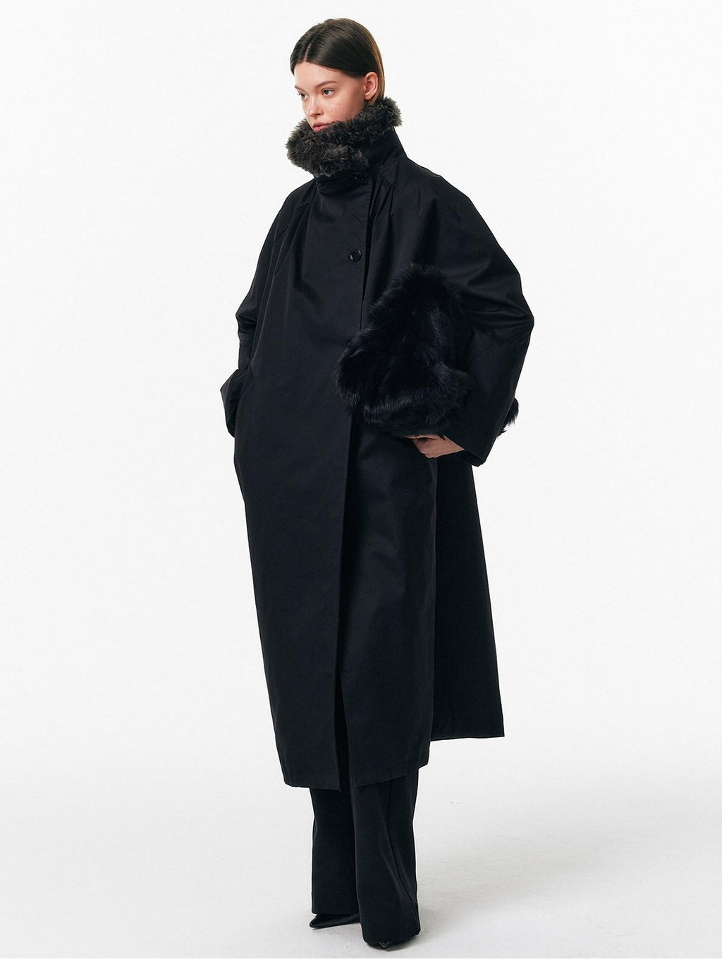 ALINNVSTUDIO 90% White Duck Down Long Stand Collar Single Breasted Women Black Down Jackets